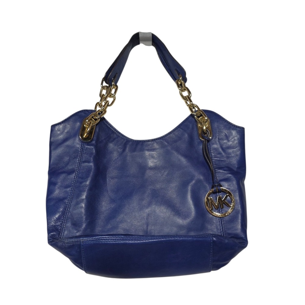 Michael Michael Kors Fulton Hobo Large Blue Leather Chain Shoulder Bag Gold Logo
